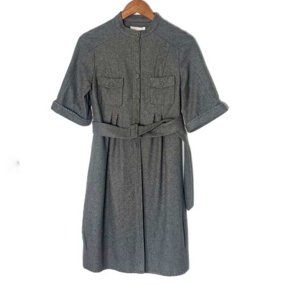 Cacharel Grey Wool Blend Short Sleeve Embroidered Belted Dress Coat